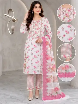Lakhany 03 Piece stitched Printed Embroidered with Patch Work Printed Organza Dupatta Dress thumbnail 2