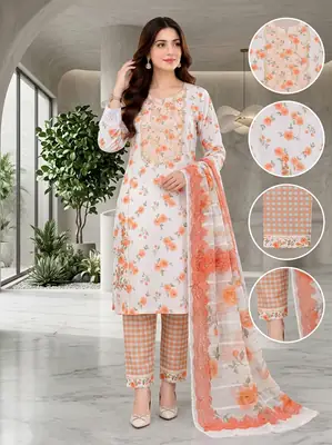Lakhany 03 Piece stitched Printed Embroidered with Patch Work Printed Organza Dupatta Dress thumbnail 2
