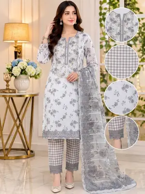 Lakhany 03 Piece stitched Printed Embroidered with Patch Work Printed Organza Dupatta Dress