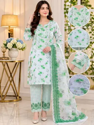 Lakhany 03 Piece stitched Printed Embroidered with Patch Work Printed Organza Dupatta Dress