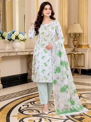 Lakhany 03 Piece stitched Printed Embroidered with Patch Work Printed Organza Dupatta Dress thumbnail 2