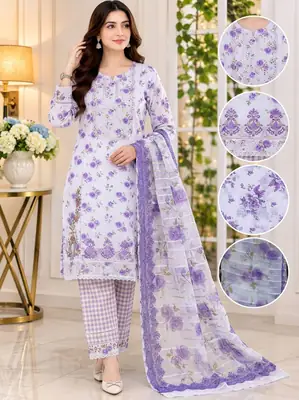 Lakhany 03 Piece stitched Printed Embroidered with Patch Work Printed Organza Dupatta Dress