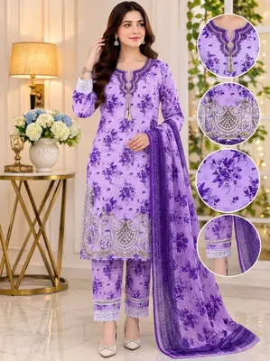 Lakhany 03 Piece stitched Printed Embroidered with Patch Work Printed Organza Dupatta Dress