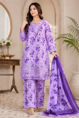 Lakhany 03 Piece stitched Printed Embroidered with Patch Work Printed Organza Dupatta Dress thumbnail 2