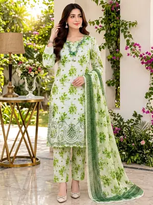 Lakhany 03 Piece stitched Printed Embroidered with Patch Work Printed Organza Dupatta Dress thumbnail 2