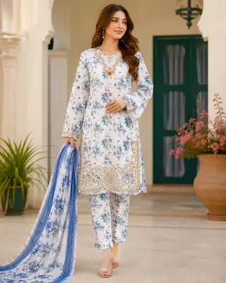 Lakhany 03 Piece stitched Printed Embroidered with Patch Work Printed Organza Dupatta Dress thumbnail 2