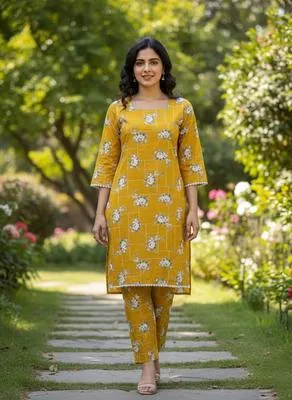 Women Cotton Lawn Floral Kurta Pajama Set Yellow thumbnail 2