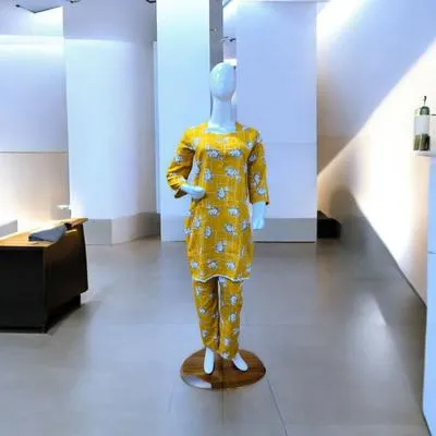 Women Cotton Lawn Floral Kurta Pajama Set Yellow thumbnail 3