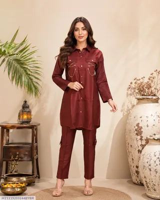 Women Cotton Lawn 2-Piece Suit Brown Ban Collar