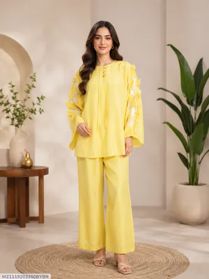 Women Raw Silk Hand Work Suit Yellow 2 Pcs