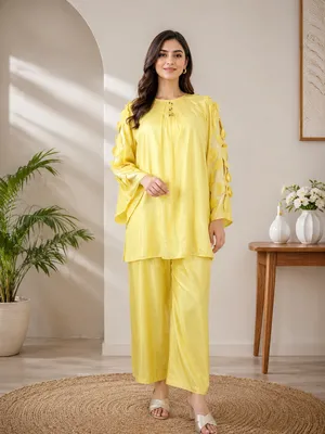 Women Raw Silk Hand Work Suit Yellow 2 Pcs thumbnail 2