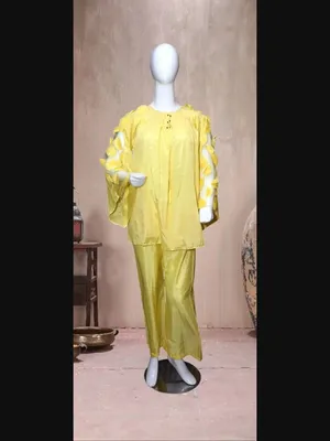 Women Raw Silk Hand Work Suit Yellow 2 Pcs thumbnail 3