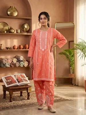 Women Cotton Embroidered 2-Piece Suit Multicolor Party Wear thumbnail 2