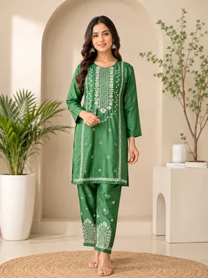 Women Cotton Embroidered 2-Piece Suit Green Multicolor thumbnail 2