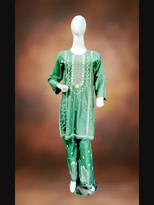 Women Cotton Embroidered 2-Piece Suit Green Multicolor thumbnail 3