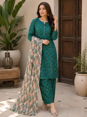2 Pcs Women's Stitched Cotton Lawn Printed Shirt And Trouser thumbnail 3