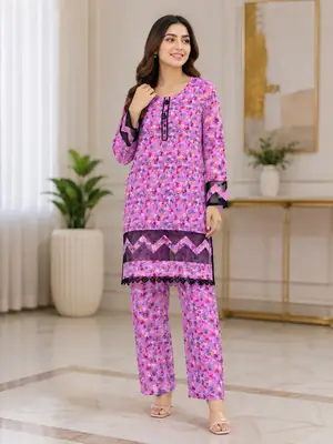 2 Pcs Women's Stitche Tissue Patch Work Shirt And Trouser