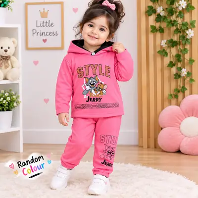 Winter 2 Pcs Girl's Fleece Printed Hoodie Tracksuit