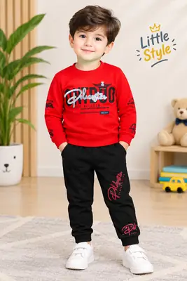 Winter 2 Pcs Boy's Fleece Printed Sweatshirt Tracksuit
