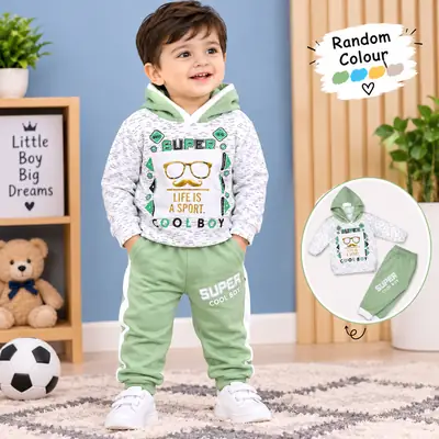 Winter 2 Pcs Boy's Fleece Printed Hoodie Tracksuit