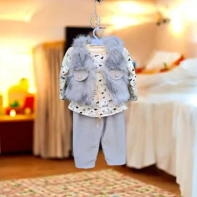 Kids Winter Party Set Grey Jersey Faux Fur Jacket thumbnail 4
