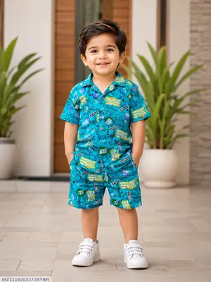 2 Pcs Boy's Dhanak Printed Shirt And Shorts Set