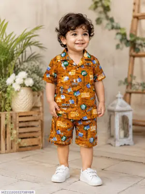 2 Pcs Boy's Dhanak Printed Shirt And Shorts Set