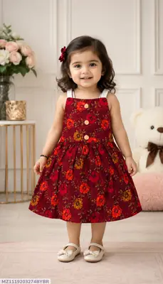 2 Pcs Girl's Cotton Lawn Printed Frock And Trouser Set