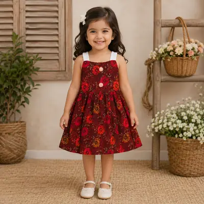 2 Pcs Girl's Cotton Lawn Printed Frock And Trouser Set thumbnail 2