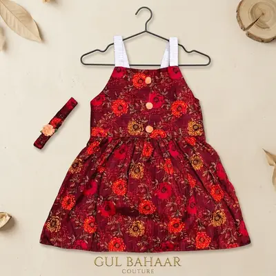 2 Pcs Girl's Cotton Lawn Printed Frock And Trouser Set thumbnail 3