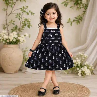 2 Pcs Girl's Cotton Lawn Printed Frock And Trouser Set