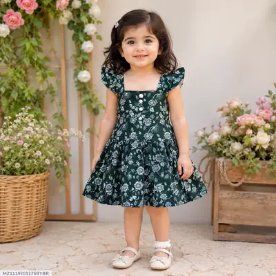 2 Pcs Girl's Cotton Lawn Printed Frock And Trouser Set