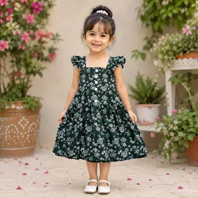 2 Pcs Girl's Cotton Lawn Printed Frock And Trouser Set thumbnail 2