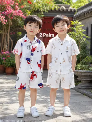 2 Pairs Boy's Cotton Lawn Printed Shirt And Shorts 2 Set