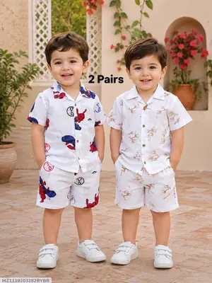 2 Pairs Boy's Cotton Lawn Printed Shirt And Shorts 2 Set