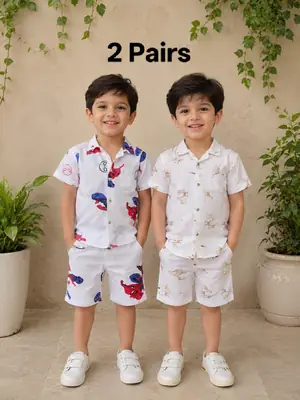 2 Pairs Boy's Cotton Lawn Printed Shirt And Shorts 2 Set thumbnail 2