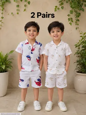 2 Pcs Boy's Cotton Lawn Printed Shirt And Shorts Set