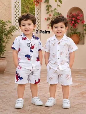 2 Pcs Boy's Cotton Lawn Printed Shirt And Shorts Set thumbnail 2