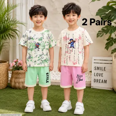 2 Pairs Boy's Cotton Jersey Printed Shirt And Shorts 2 Set