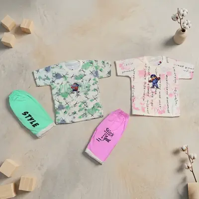 2 Pairs Boy's Cotton Jersey Printed Shirt And Shorts 2 Set thumbnail 4