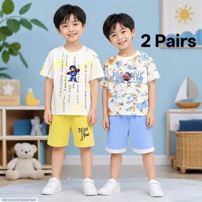 2 Pairs Boy's Cotton Jersey Printed Shirt And Shorts 2 Set