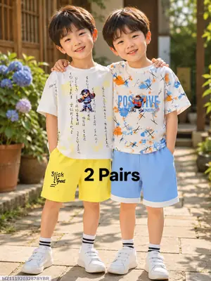 2 Pairs Boy's Cotton Jersey Printed Shirt And Shorts 2 Set