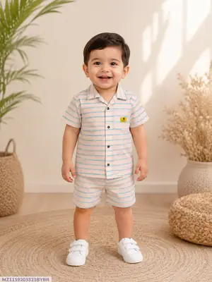 2 Pcs Boy's Cotton Lawn Printed Shirt And Shorts Set