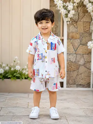 2 Pcs Boy's Cotton Lawn Printed Shirt And Shorts Set