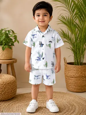 2 Pcs Boy's Cotton Lawn Printed Shirt And Shorts Set