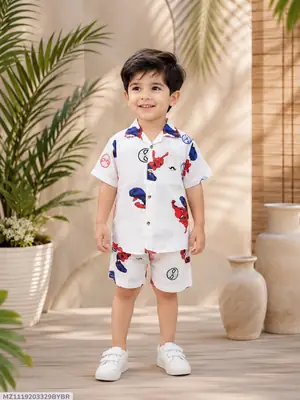 2 Pcs Boy's Cotton Lawn Printed Shirt And Shorts Set