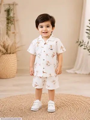 2 Pcs Boy's Cotton Lawn Printed Shirt And Shorts Set