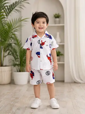 2 Pcs Boy's Cotton Lawn Printed Shirt And Shorts Set thumbnail 2