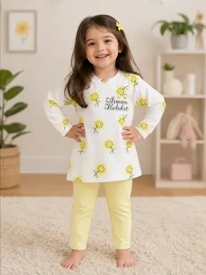 2 Pcs Girl's Printed Shirt And Trouser Set Summer Collection thumbnail 2