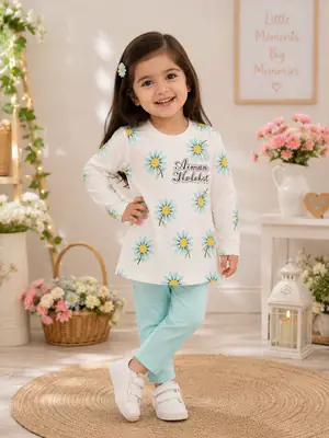 2 Pcs Girl's Printed Shirt And Trouser Set Summer Collection